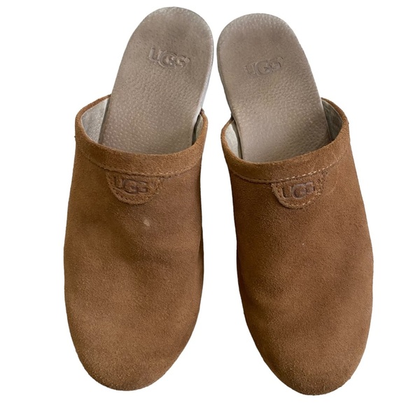 Ugg suede tan leather clogs mules slides wooden chunky heel shearling lining - Picture 3 of 10